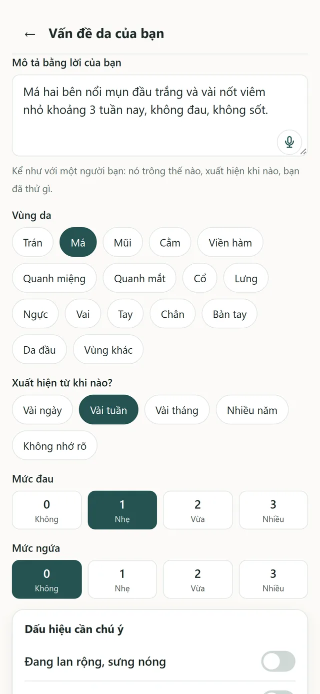 Màn hình mô tả vấn đề da trong Skinote