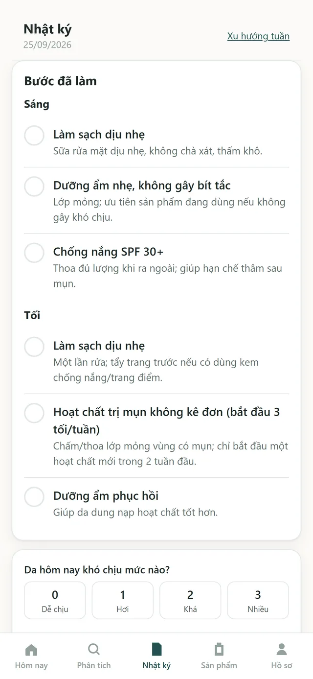 Màn hình nhật ký theo dõi da trong Skinote