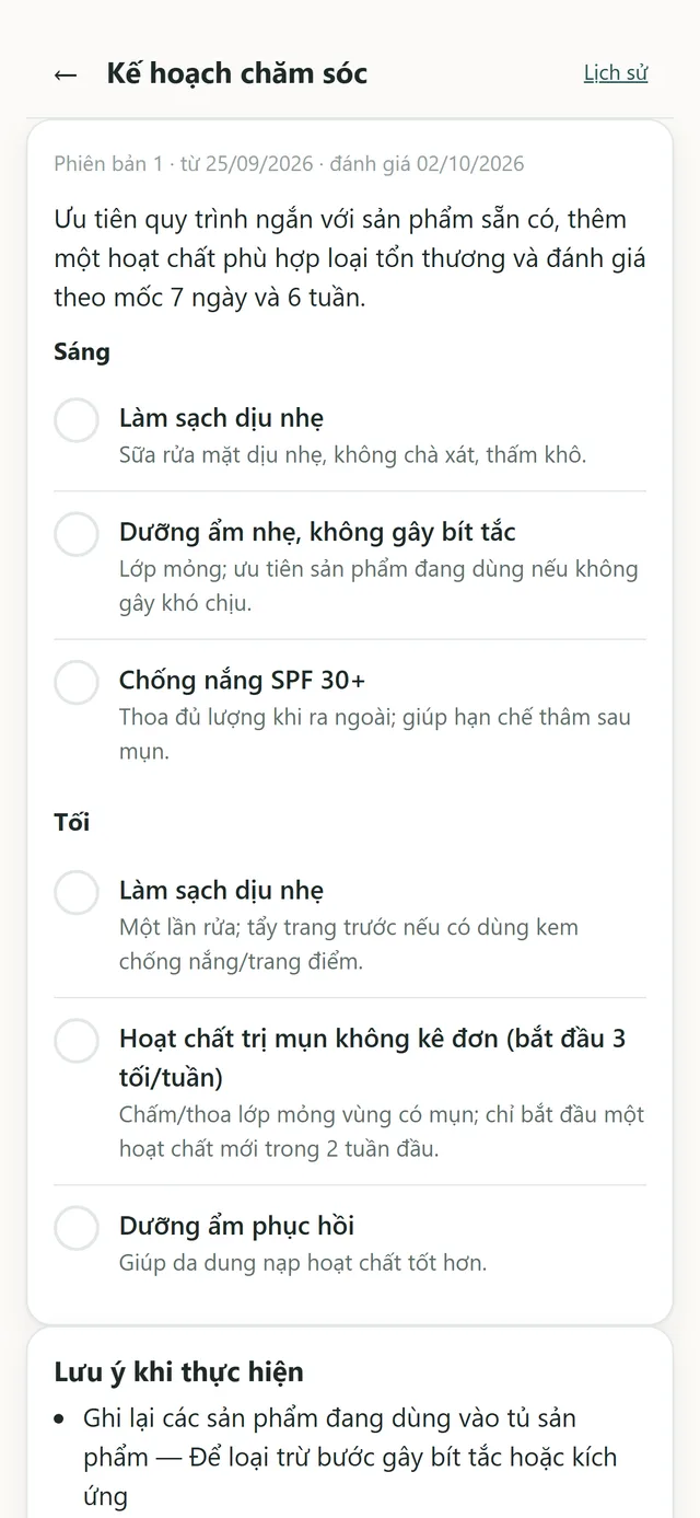Màn hình kế hoạch sáng tối trong Skinote